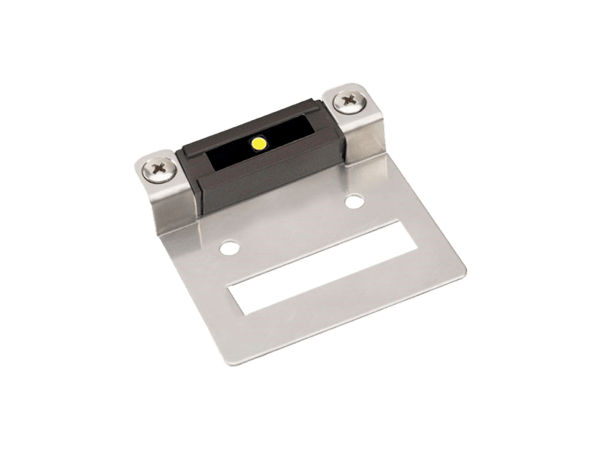 A stainless steel bracket with a yellow light on it.