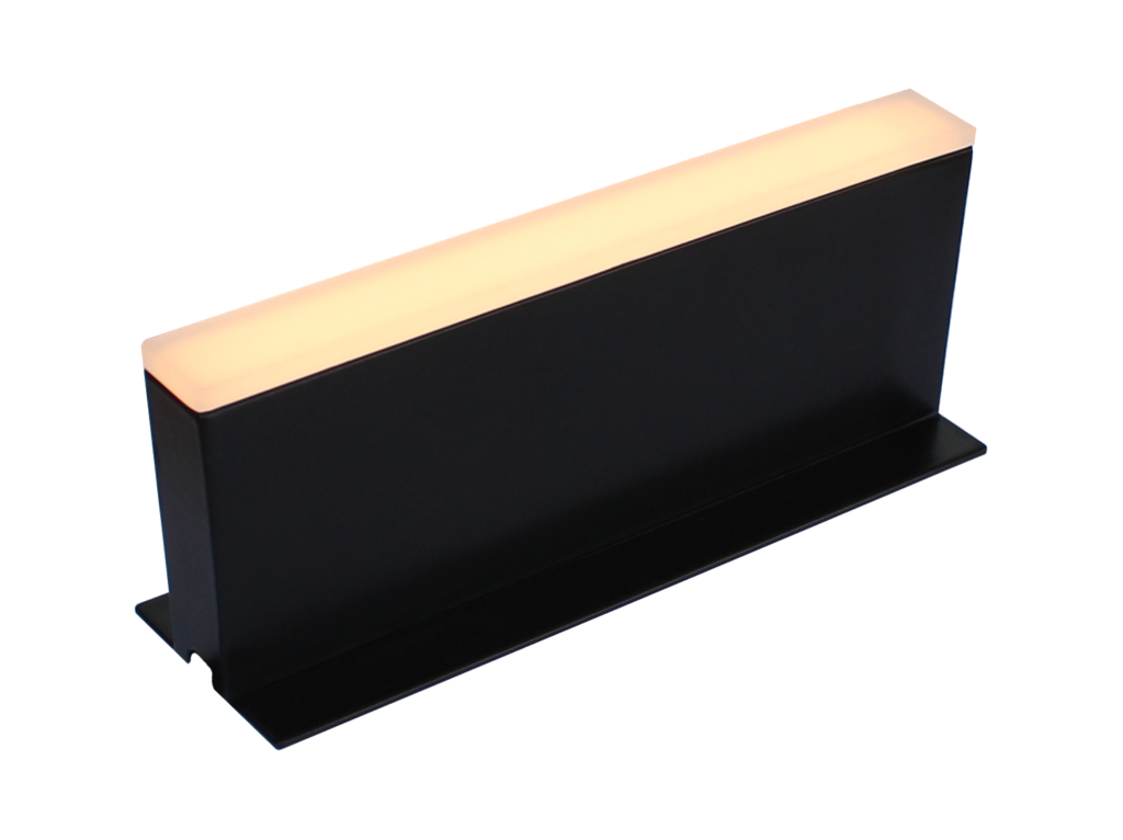 A black box with a light inside of it on a white background.