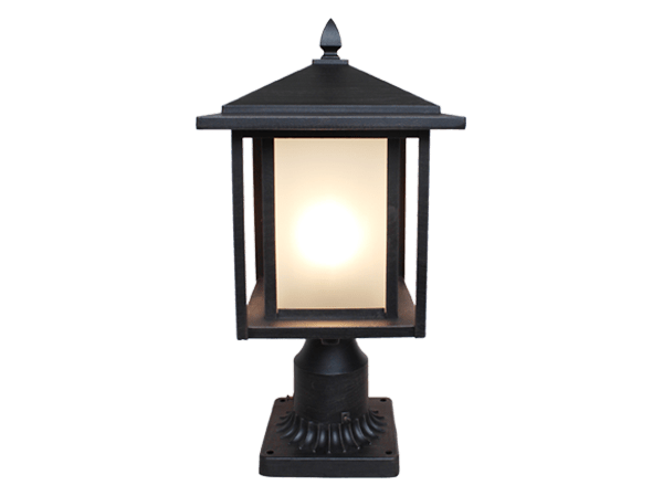 A black post light with a white glass shade on a white background.