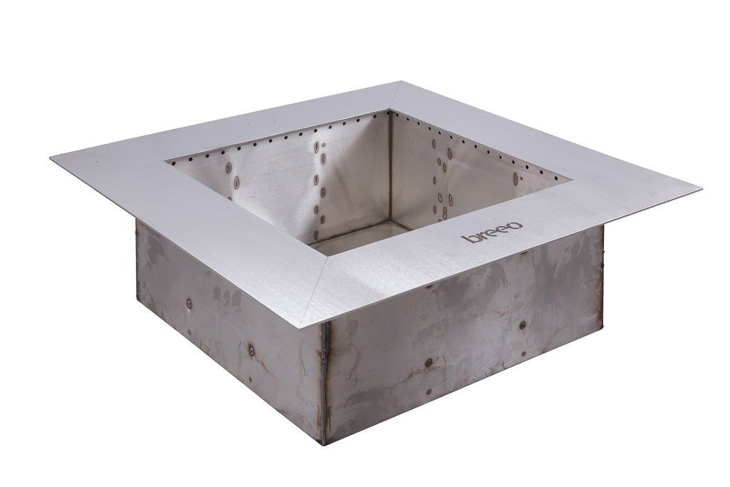 A stainless steel fire pit with a white top on a white background.