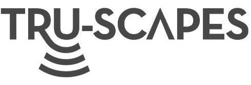 The logo for truscapes is black and white and has a wave in the middle.