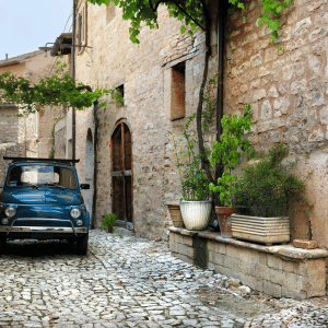 Italian Car parked in a Winery with Vineyard 