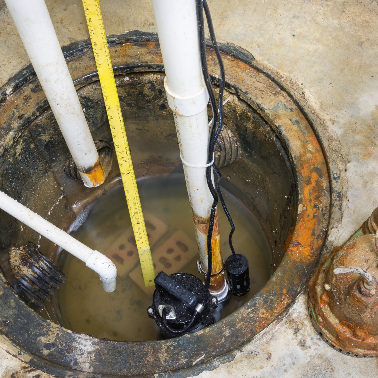 A yellow ruler is hanging from a pipe in a drain