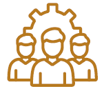Team of three people with a gear icon behind them, symbolizing teamwork and collaboration.
