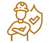Construction worker with a hard hat, arms crossed, and a shield with a checkmark.