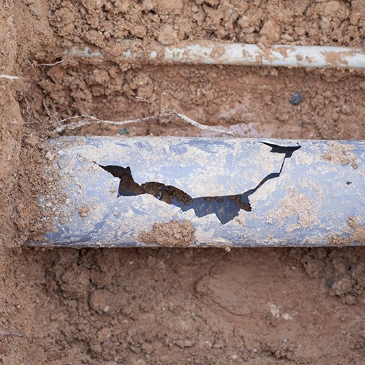 A pipe with a hole in it is laying in the dirt.