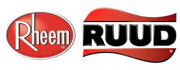 A red and black logo for a company called rheem ruud.