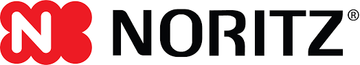 A red and black logo for noritz on a white background