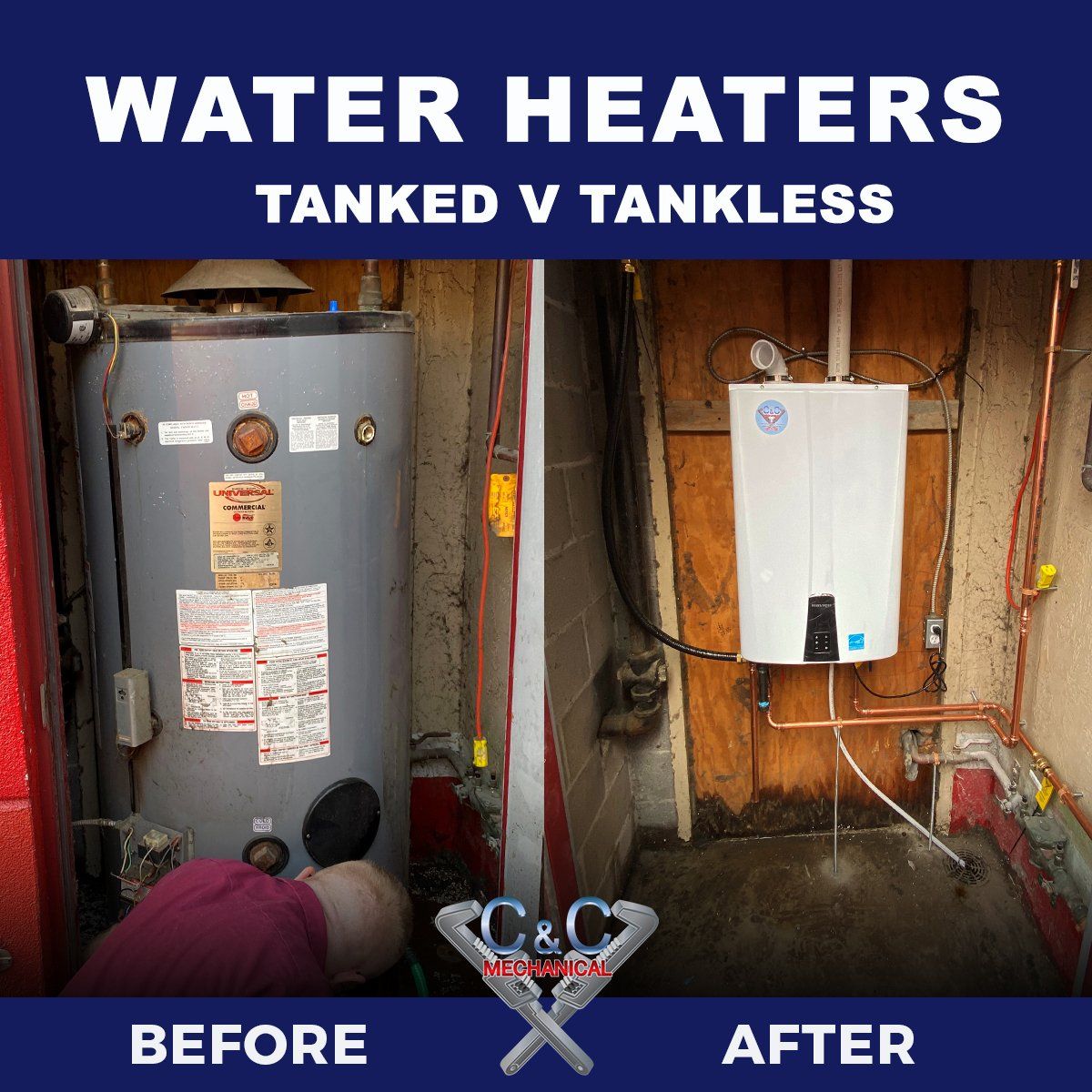 A picture of a water heater before and after being installed.