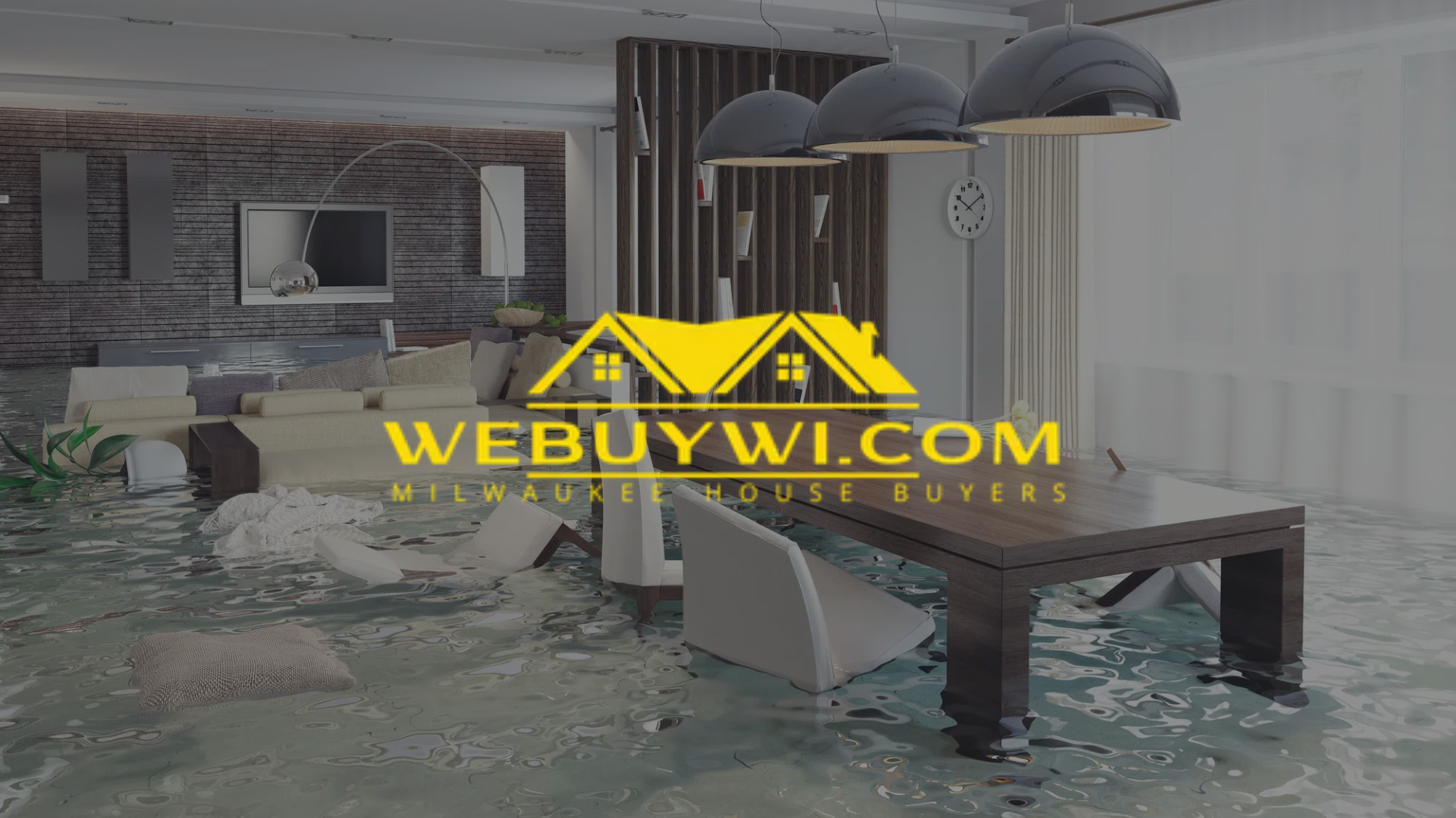 Living room flooded with water; We Buy WI logo overlay.