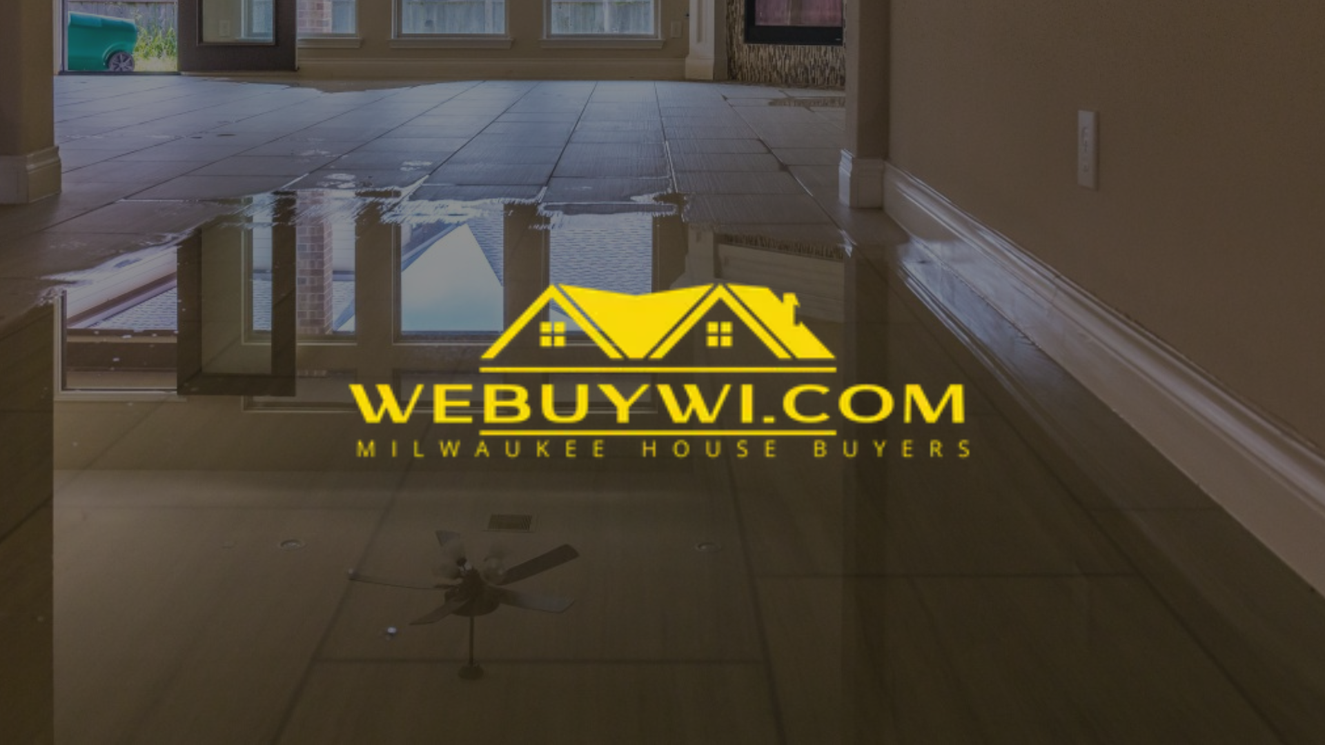 Water-damaged interior with a logo for