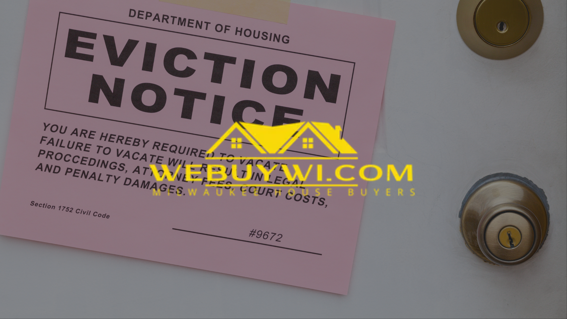 Pink eviction notice on a door near two doorknobs; a website logo obscures some text.