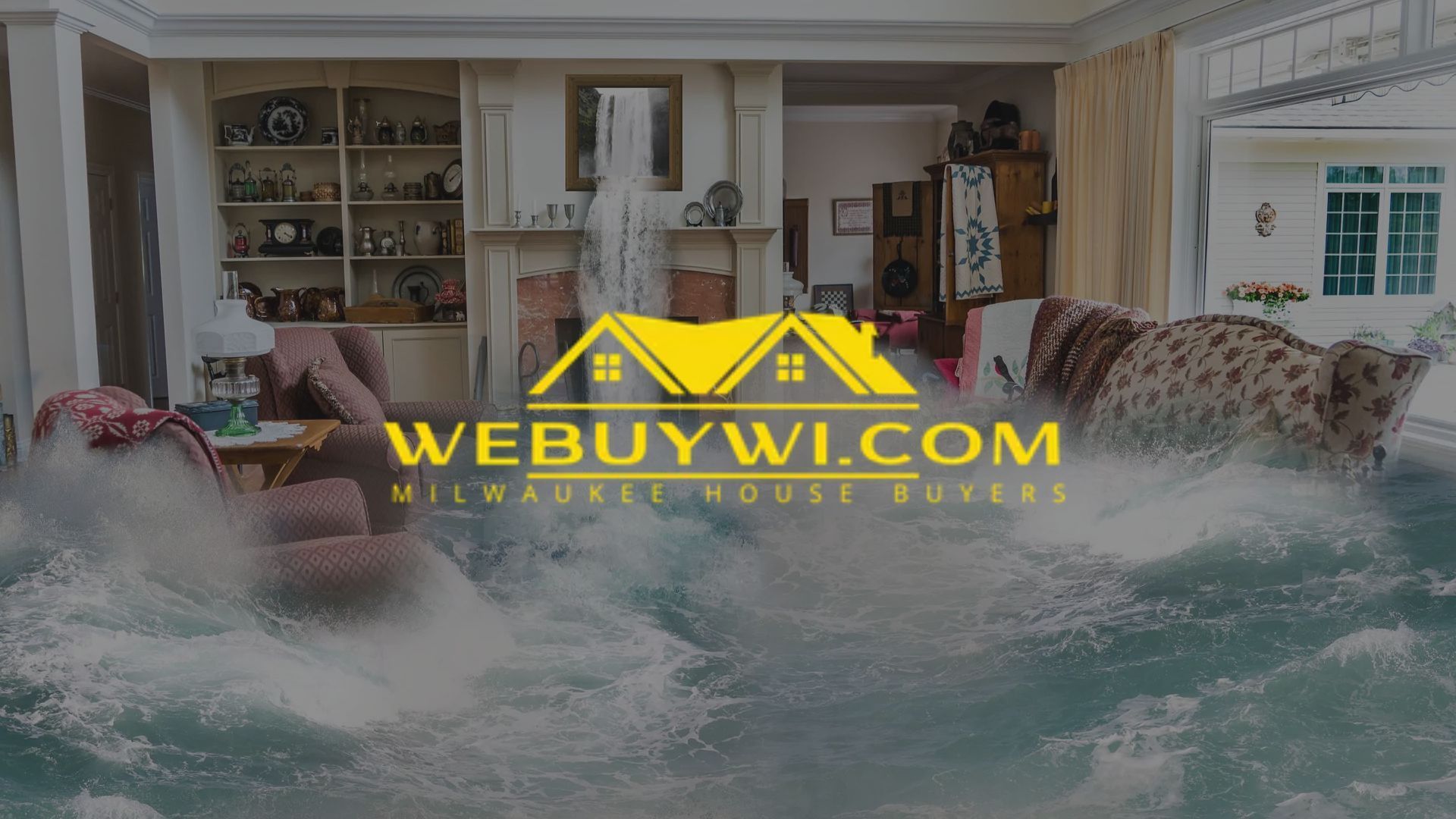 Living room flooded with water, a logo