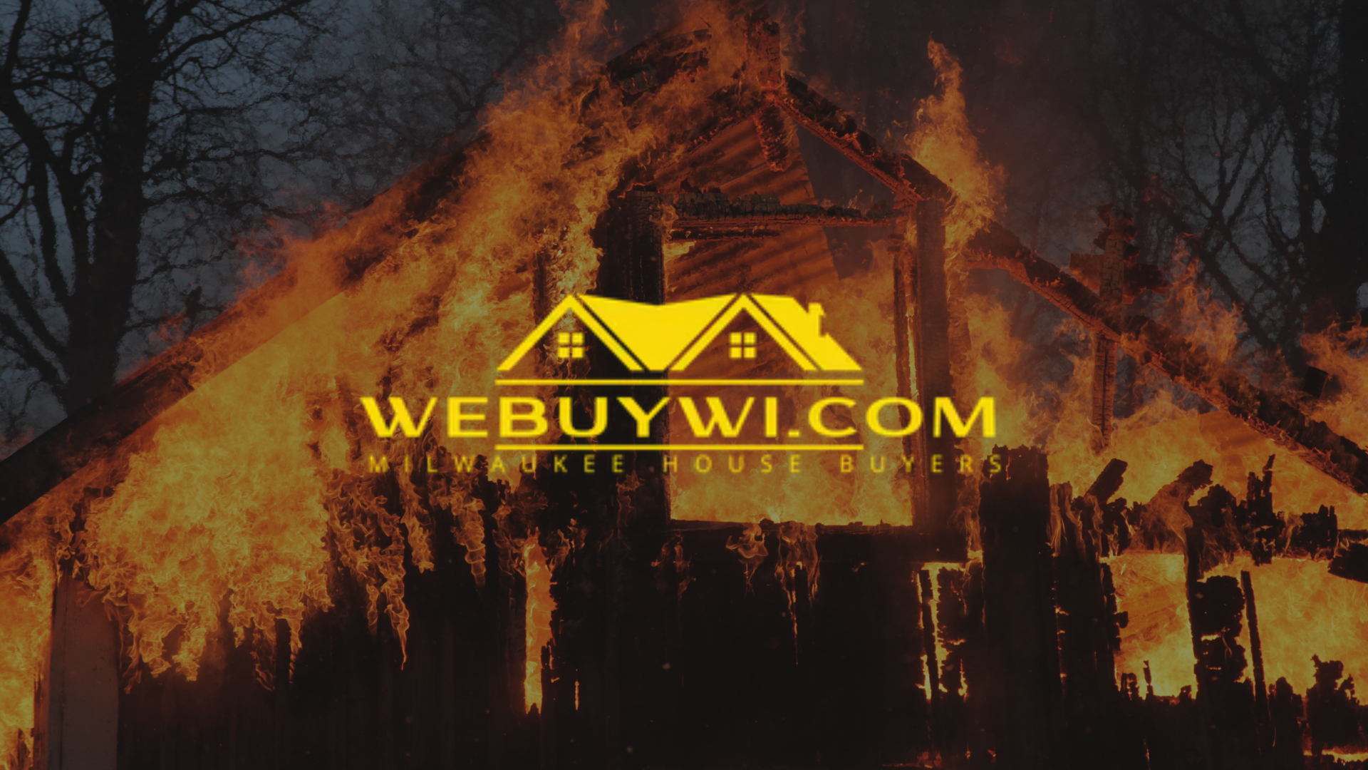 House engulfed in flames, overlaid with a logo for
