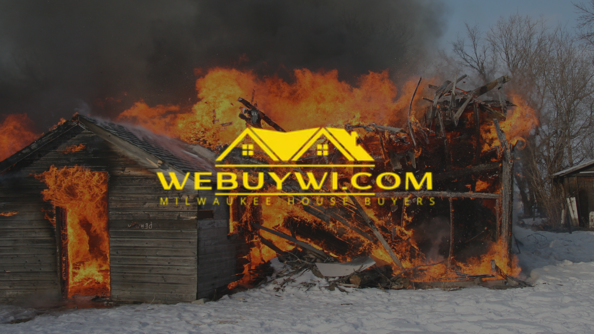A building engulfed in flames, dark wood, orange fire, white snow on the ground, logo of 