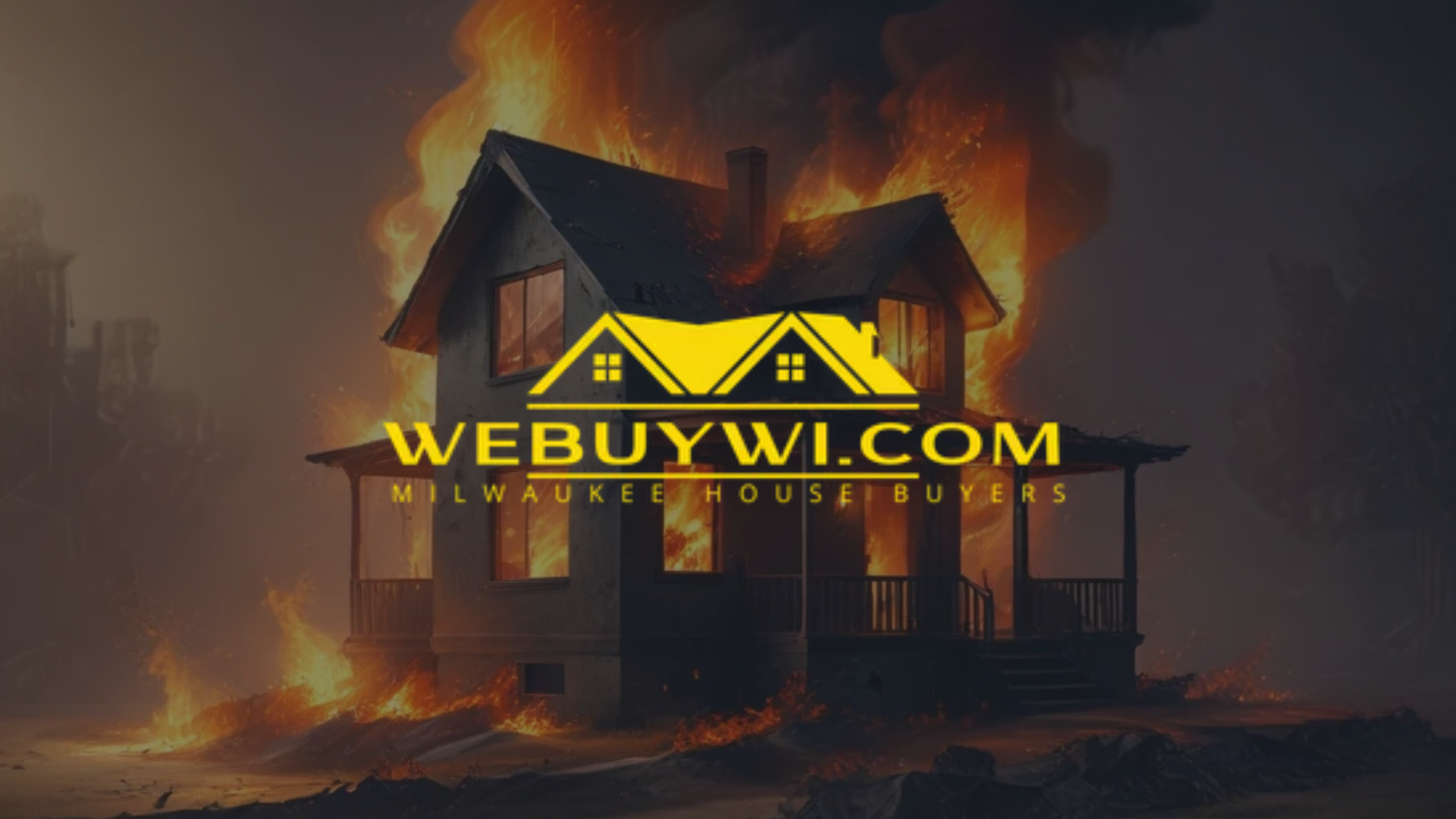 A house on fire with the logo