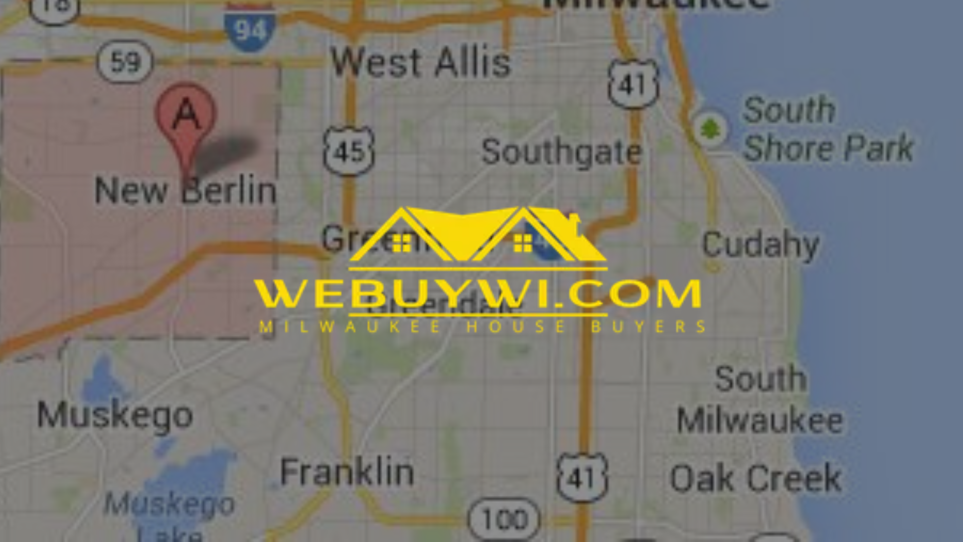 Map of the Milwaukee area with a location marker in New Berlin, and the website WEBUYWI.COM.