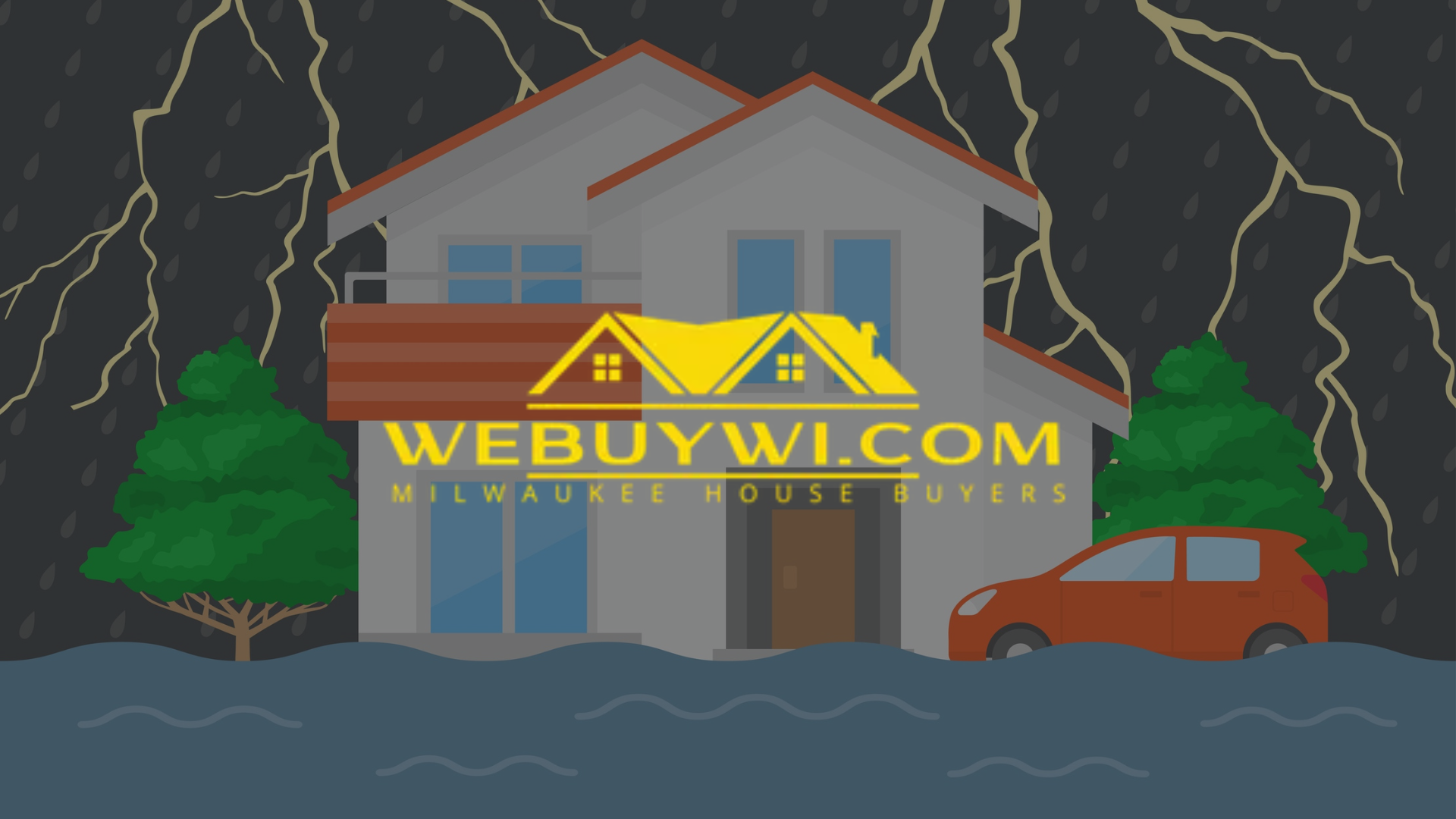 A house flooded during a storm, lightning, car partially submerged, with a logo