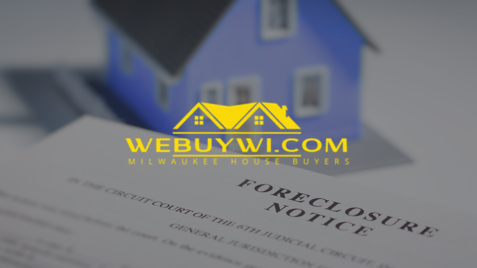 Foreclosure notice with a blue house in the background and a