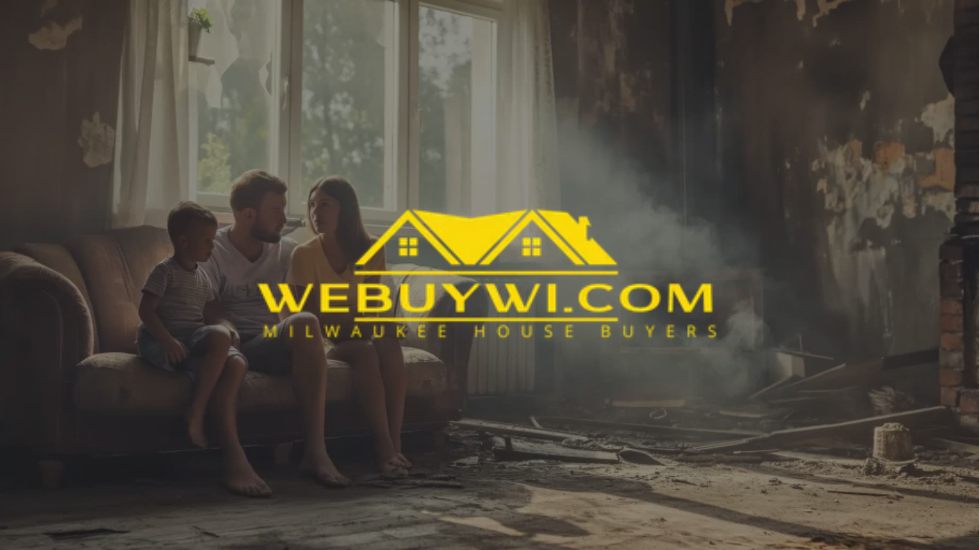 Family sits on a couch in a fire-damaged home, a logo for