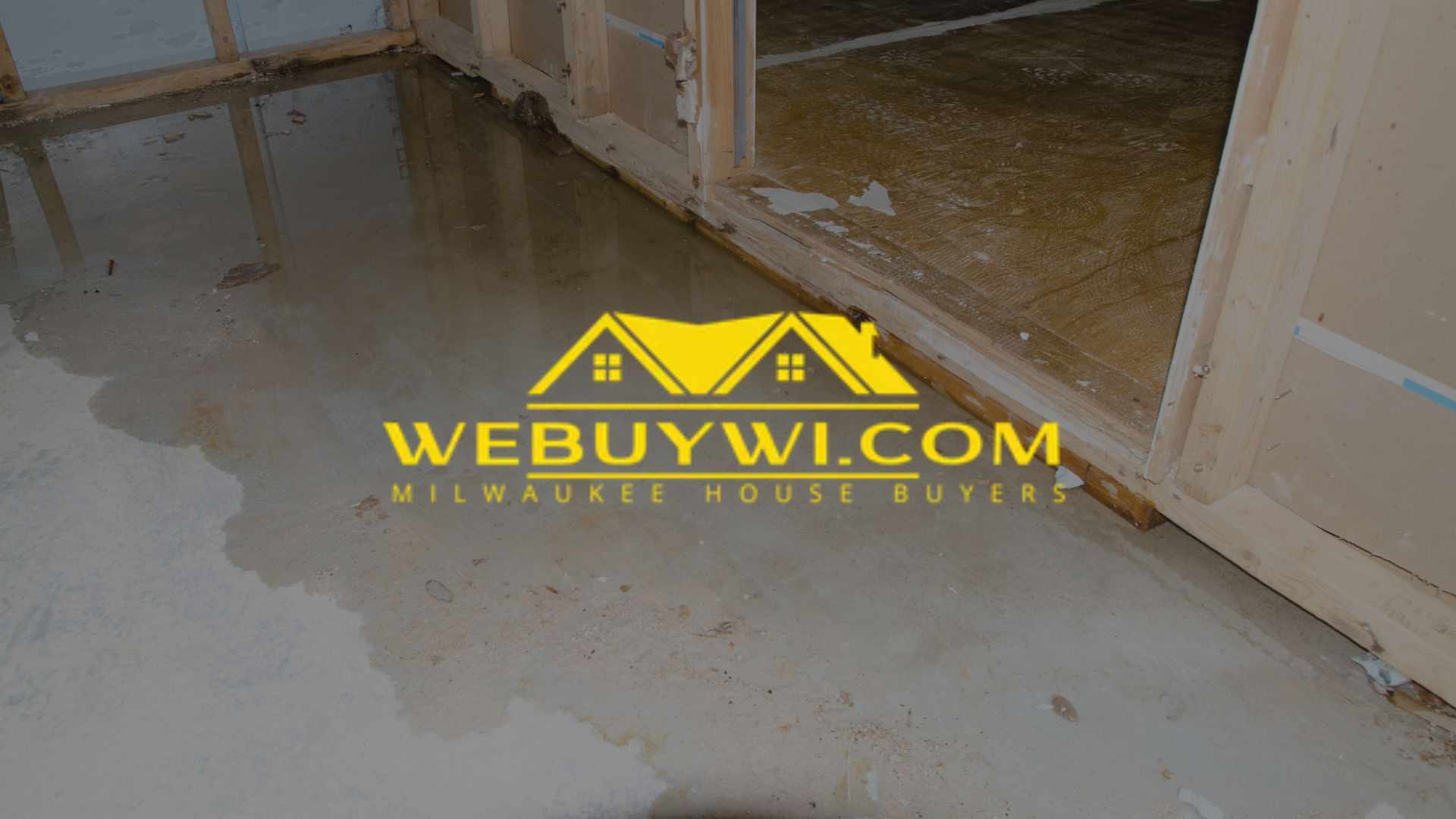 A picture of a flooded basement with the website webuywi.com on the bottom symbolizing water damage in pewaukee wi
