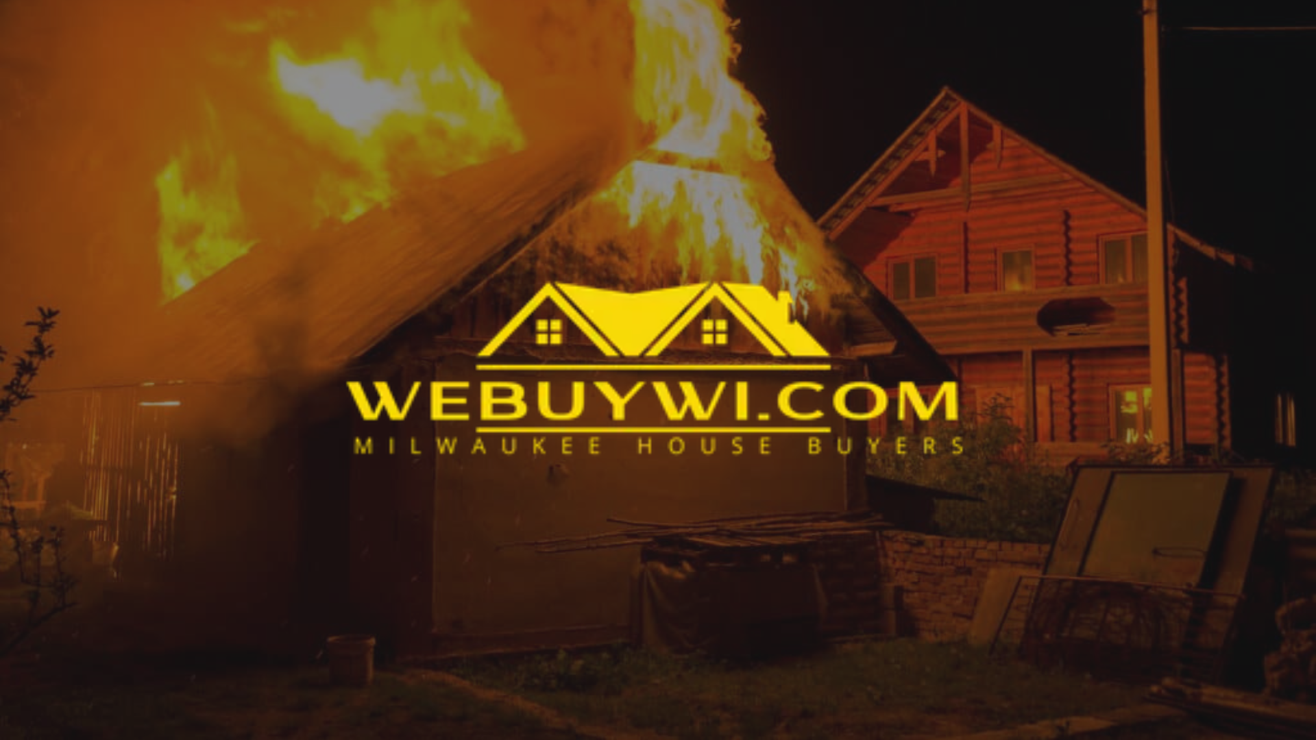 A burning house with the logo