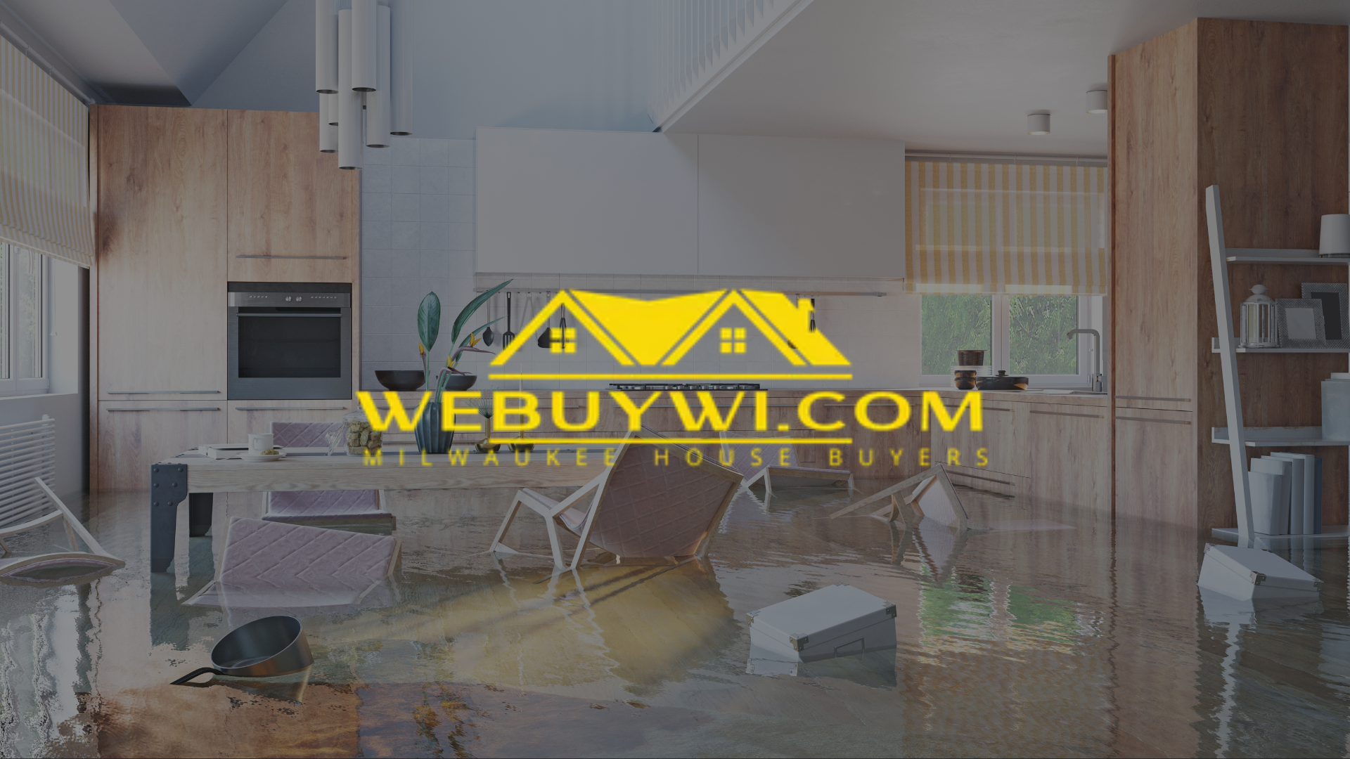 Flooded kitchen with damage; logo