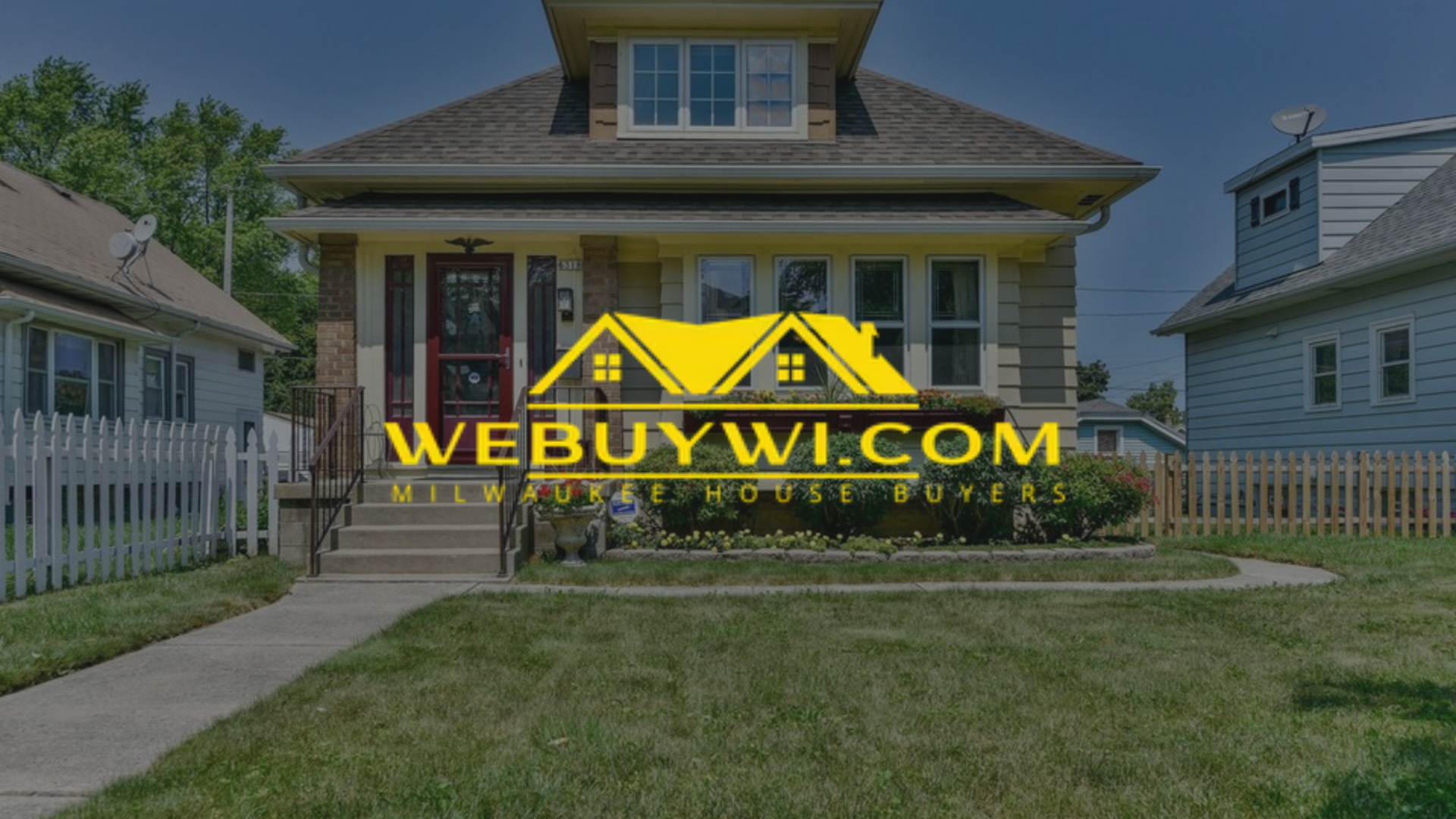 A house with WEBUYWI.COM logo, indicating a company that buys houses, on a sunny day.