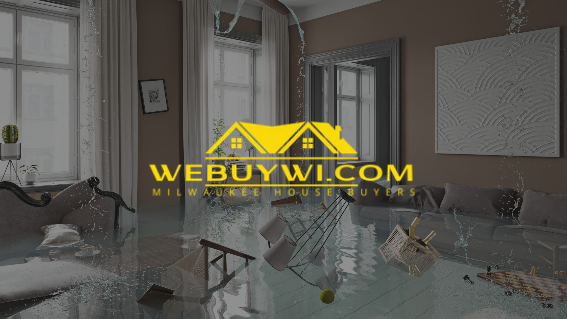 Flooded room with furniture. Yellow