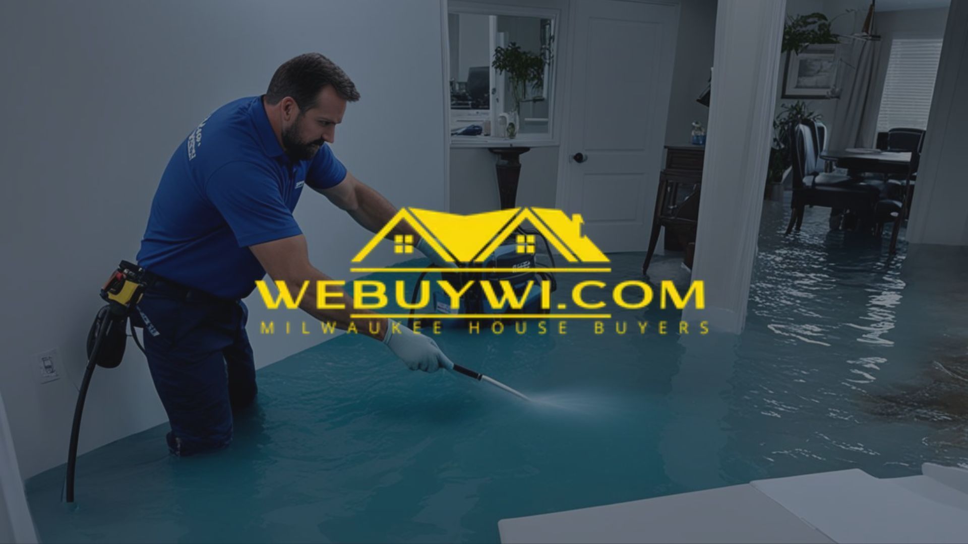 Man cleaning flooded room with water. Website logo: