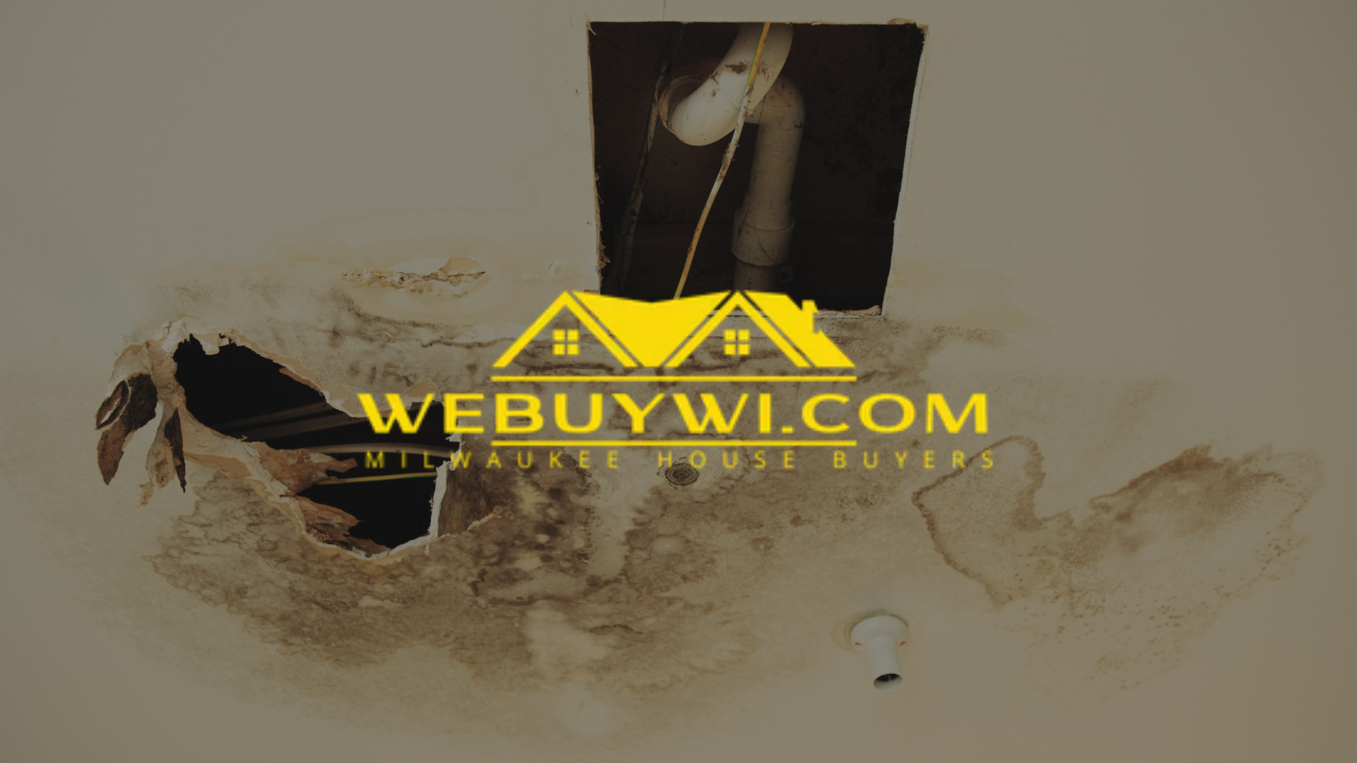 Water damage and hole in ceiling, with visible plumbing; webuywi.com website logo at the bottom.