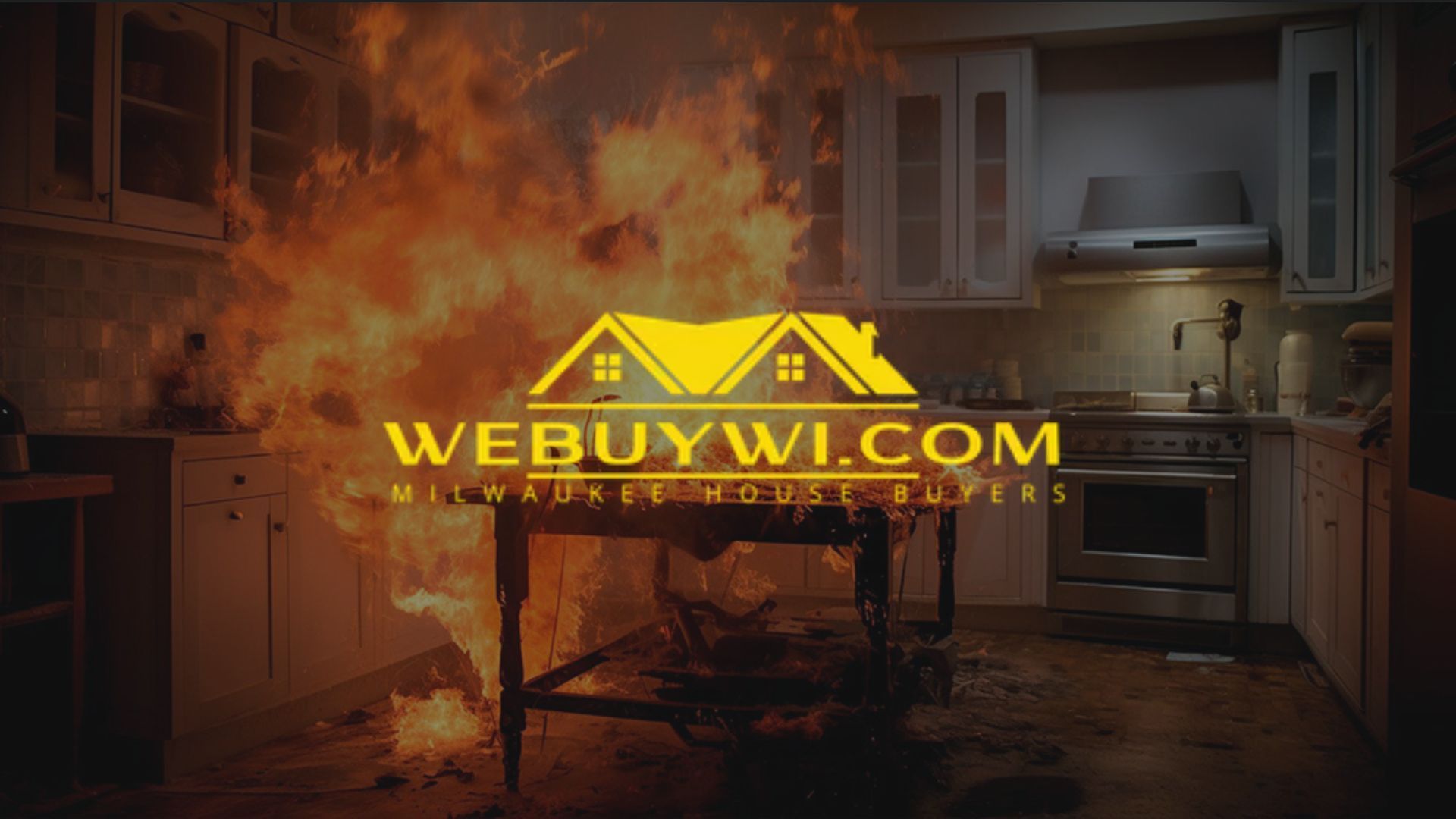 Burning kitchen with WEBUYWI.COM logo.