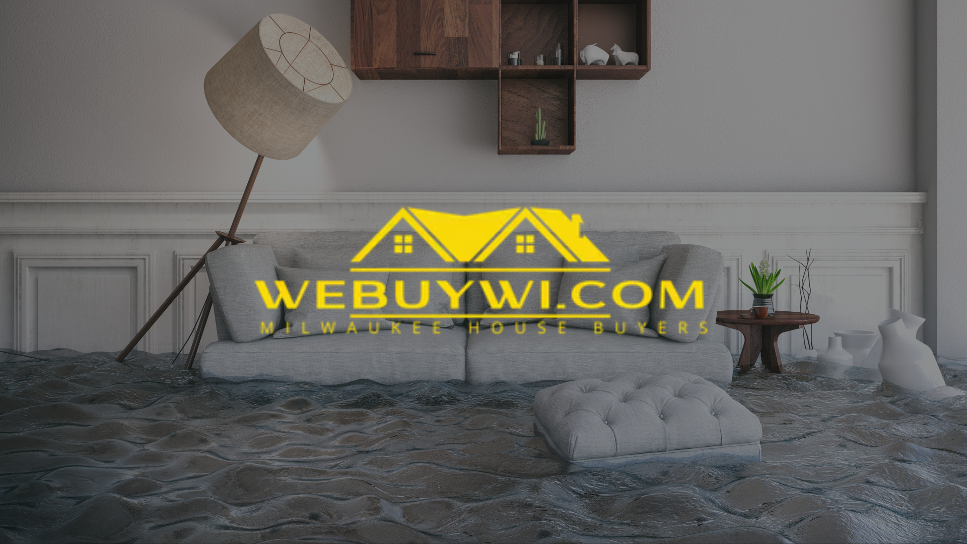 Flooded living room with furniture, logo 