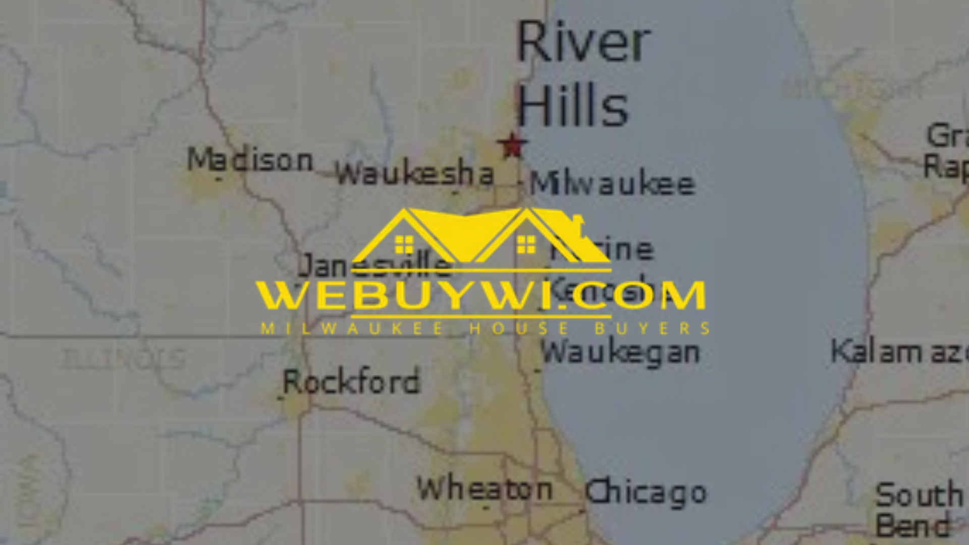 Map showing cities like Milwaukee, Chicago, and Madison, with a logo overlaid.