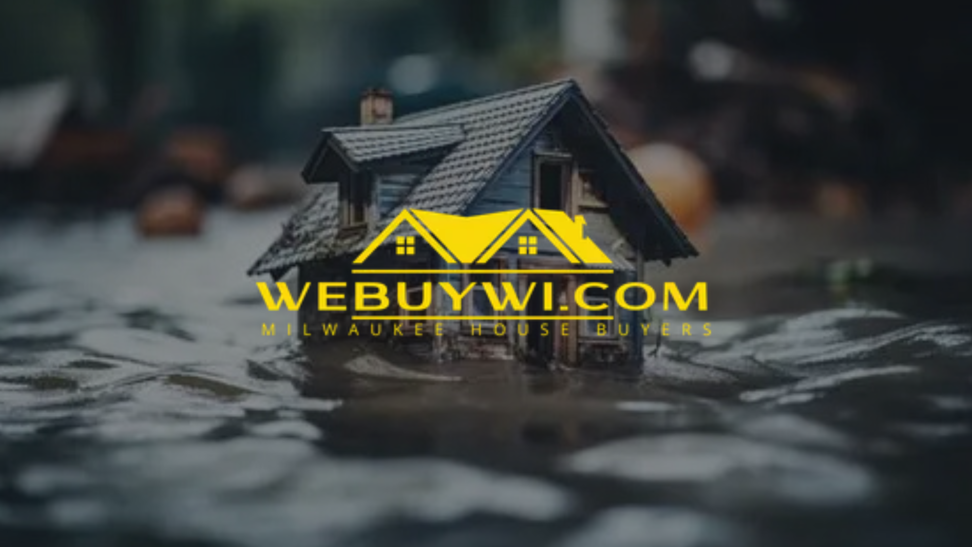 A small house submerged in water with a yellow logo 