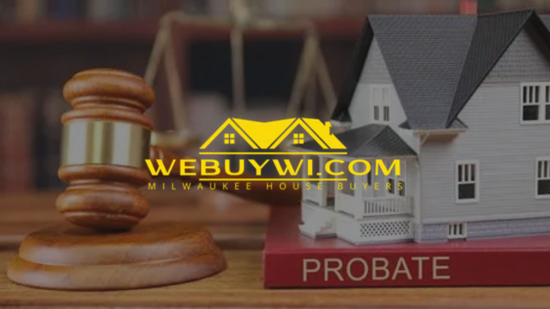 Gavel, toy house, and book labeled
