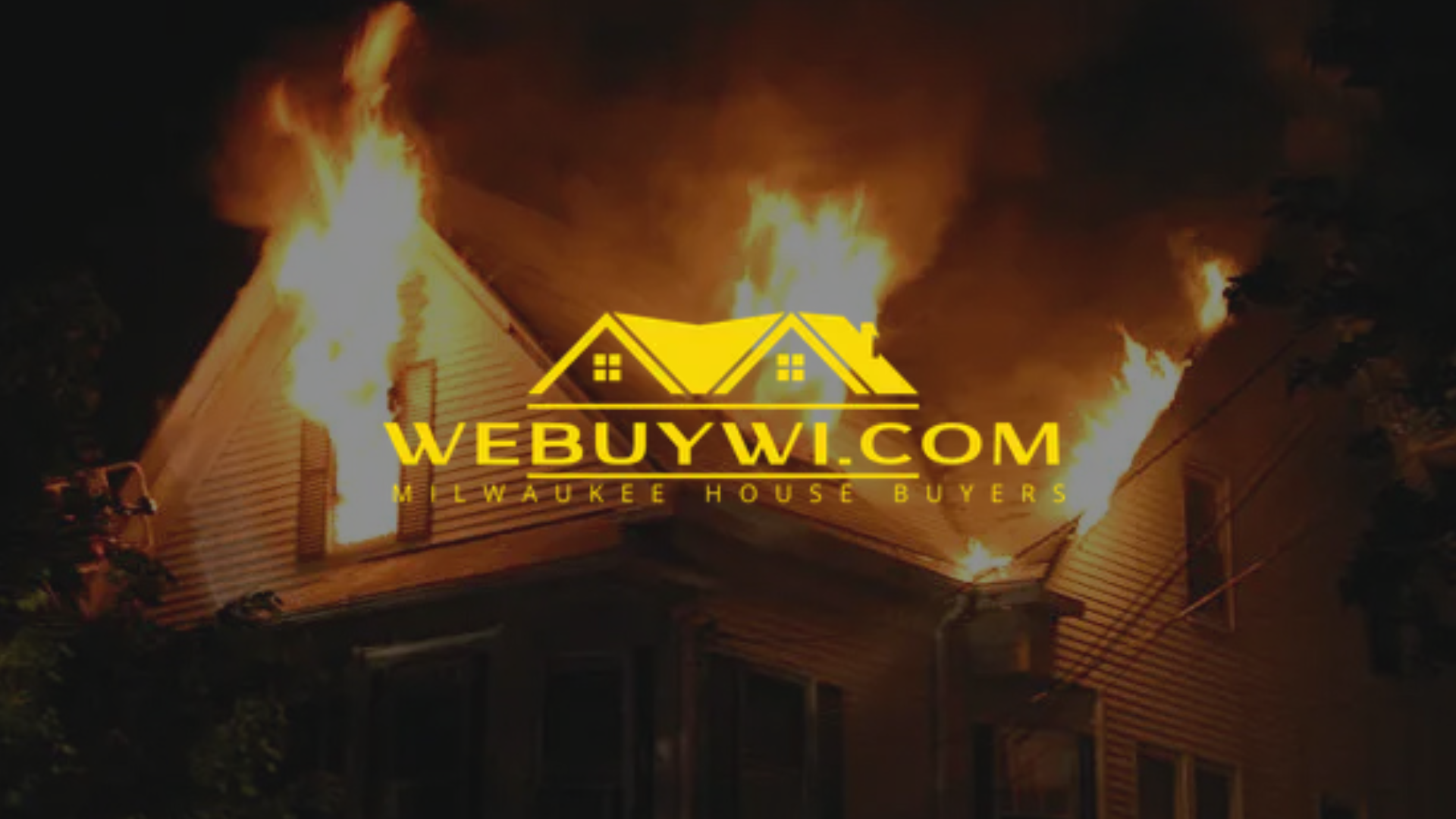Burning house at night, logo of