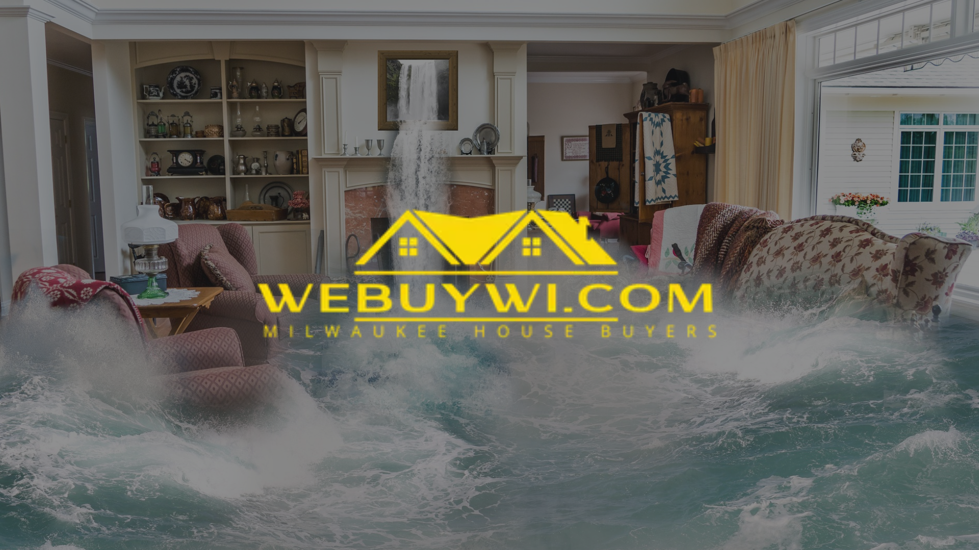 Flooded living room with furniture. Website logo for