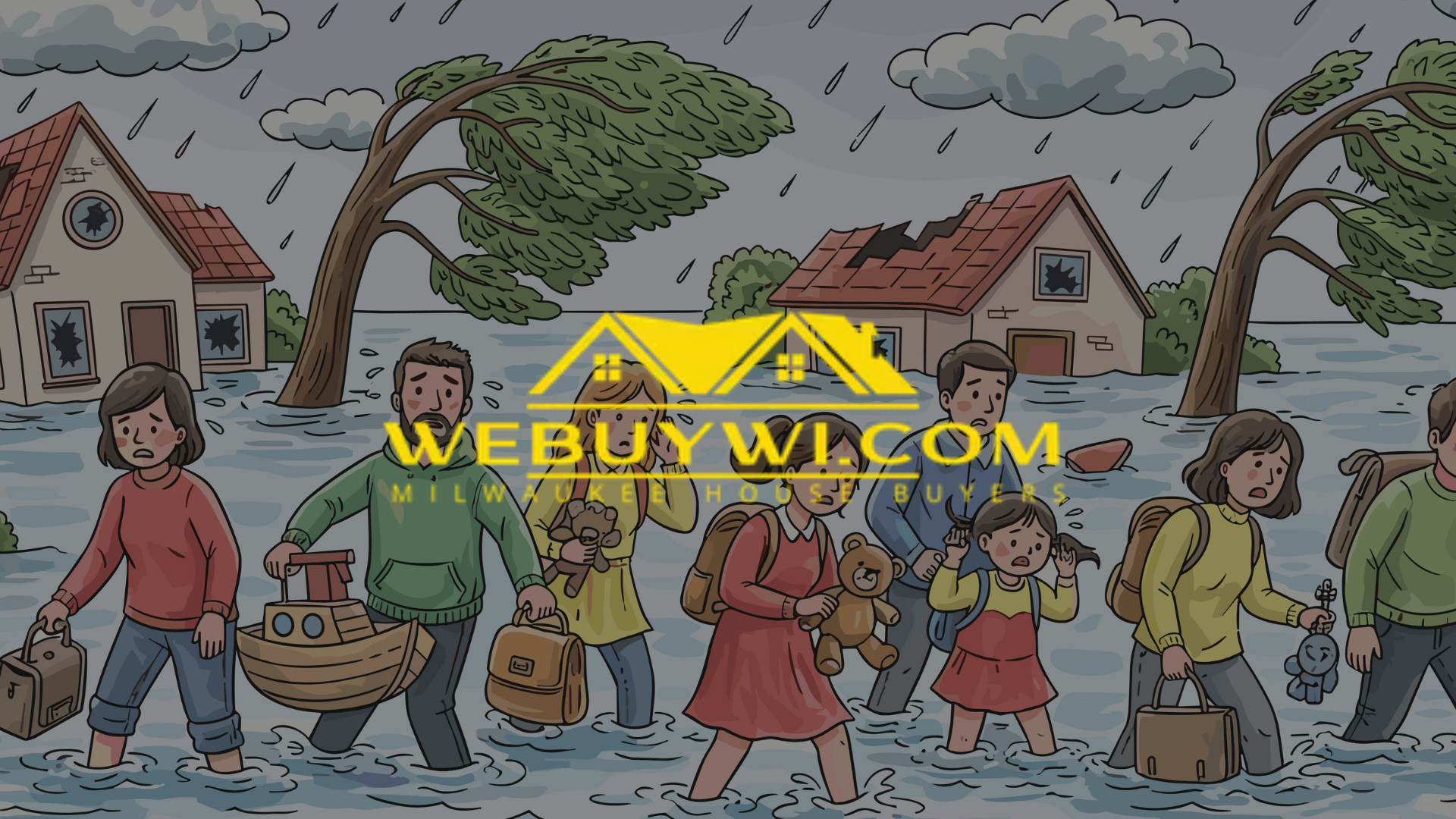 People evacuating flooded town during a storm. Houses damaged, carrying belongings.