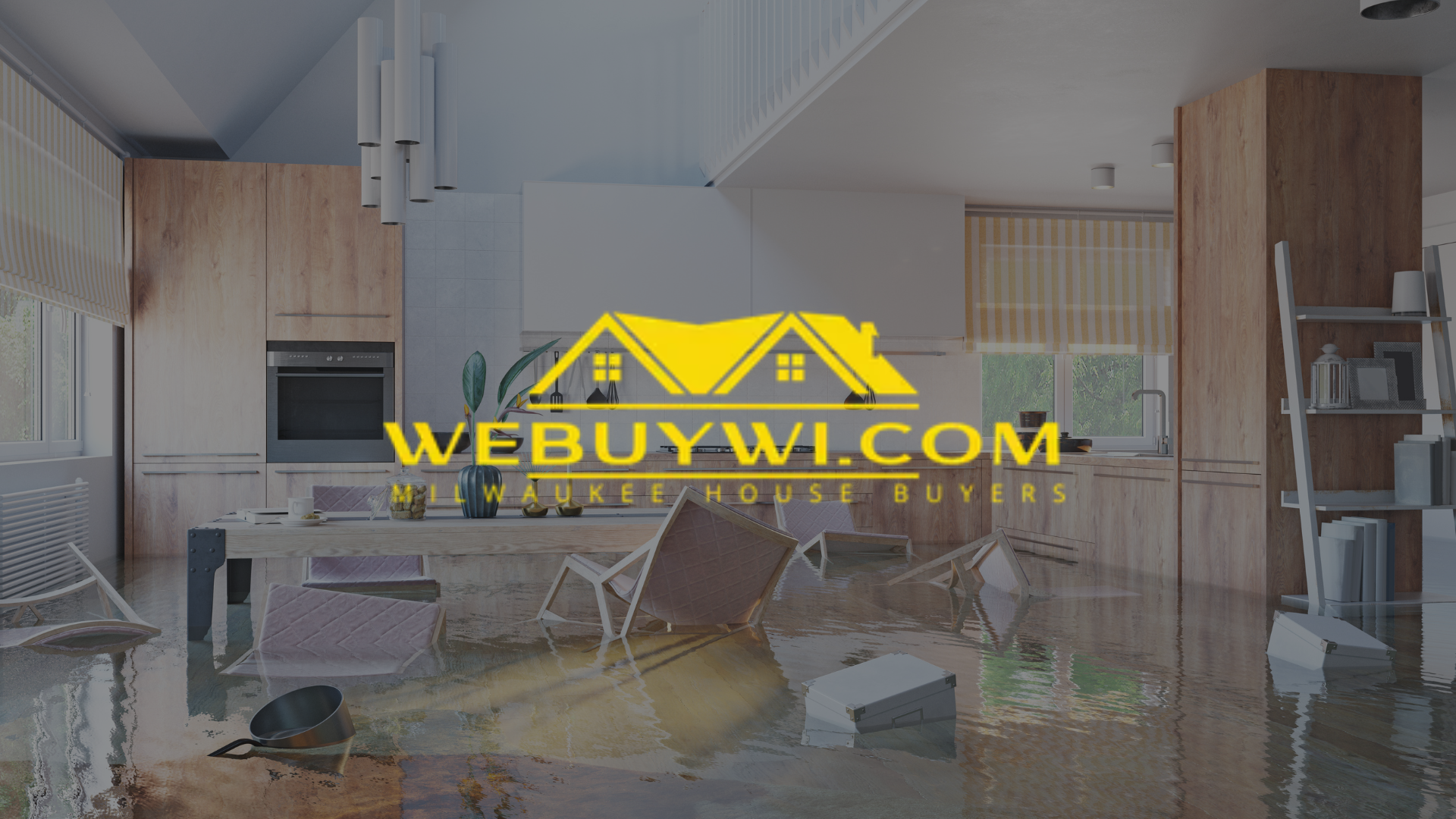 Flooded home interior with the logo