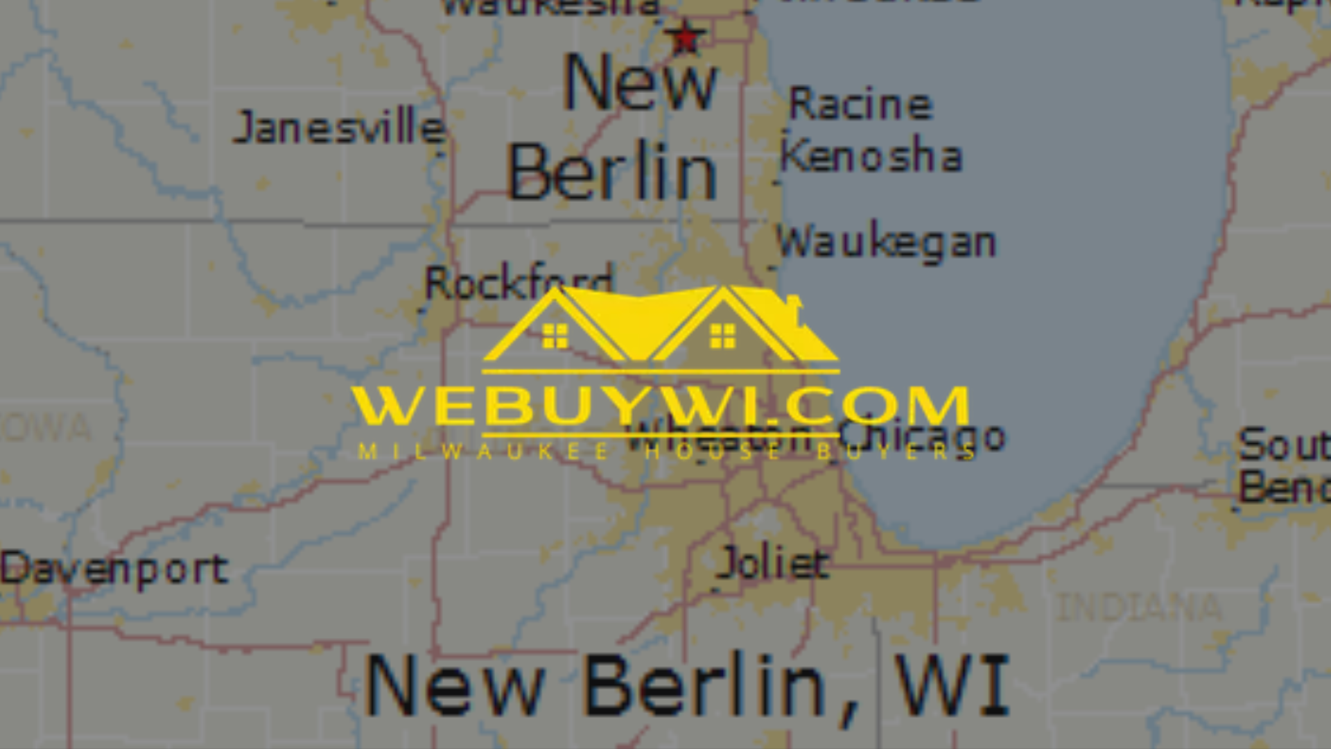Map showing New Berlin, WI, with surrounding cities and a WEBUYWI.COM logo overlay.