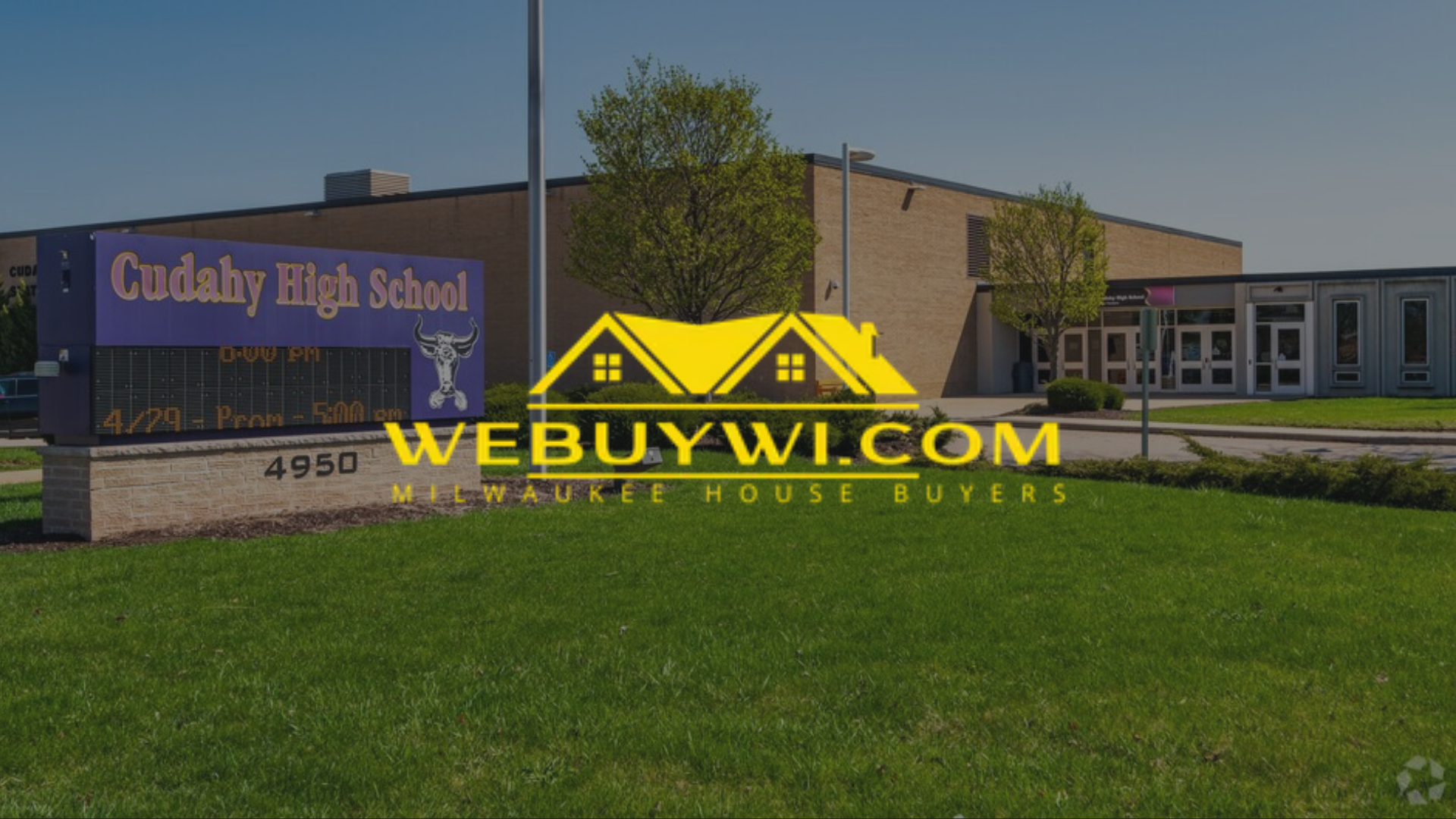 Cudahy High School building with green lawn, sign, and a logo overlay.