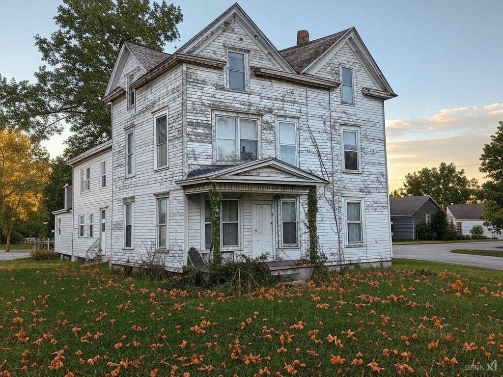 An old oak creek white house with a porch and a lot of leaves on the ground