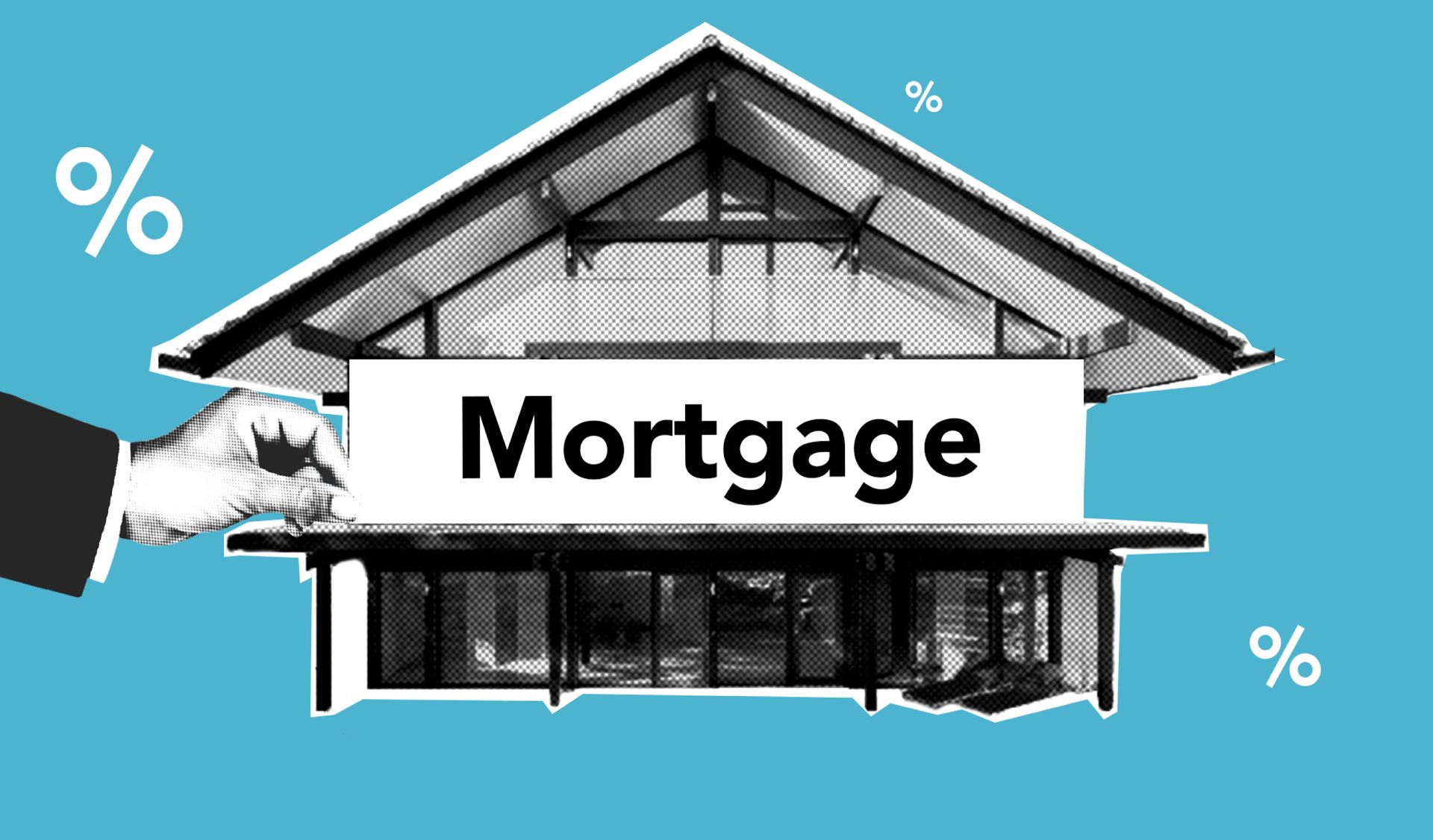 House graphic with “Mortgage” sign, blue background, and percent symbols indicating home loan rates
