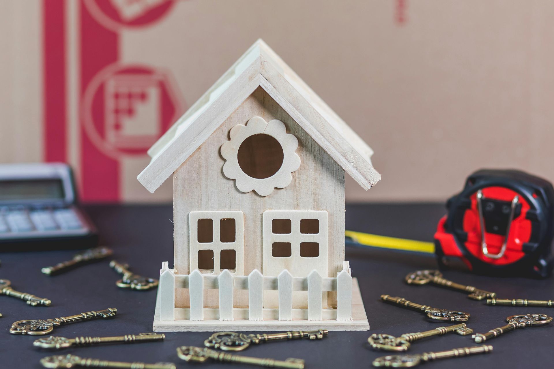 A small wooden house model sits on a table surrounded by skeleton keys, a calculator, and a red tape measure.