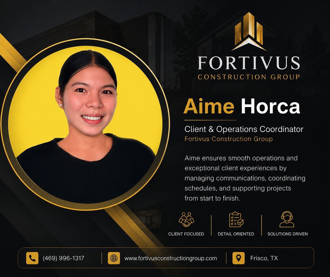 Fortivus Construction Group profile card for Aime Horca on a black-and-gold background with contact details.