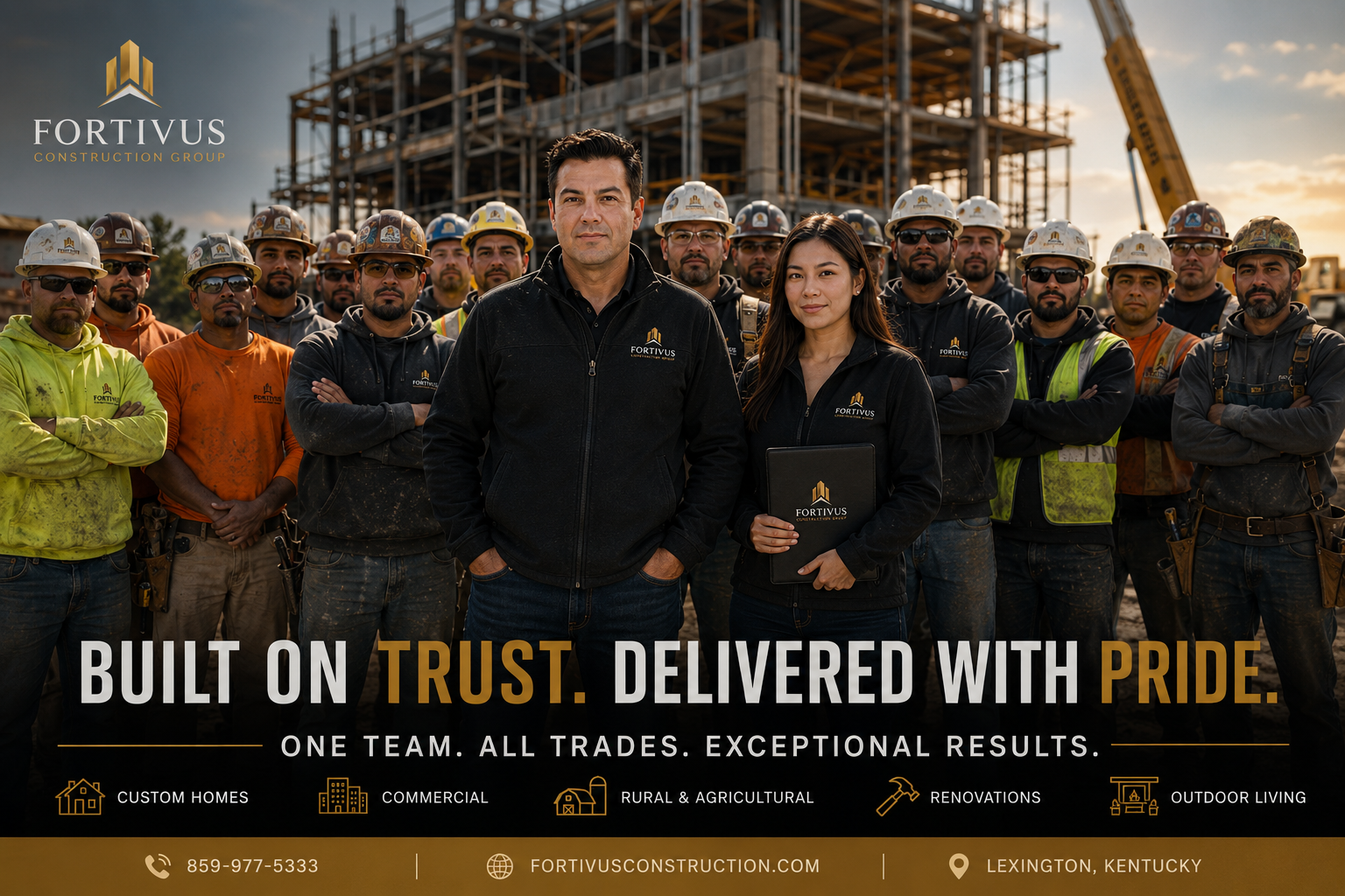 Construction crew with two leaders in front of a steel-framed building, captioned “Built on Trust. Delivered with Pride.”