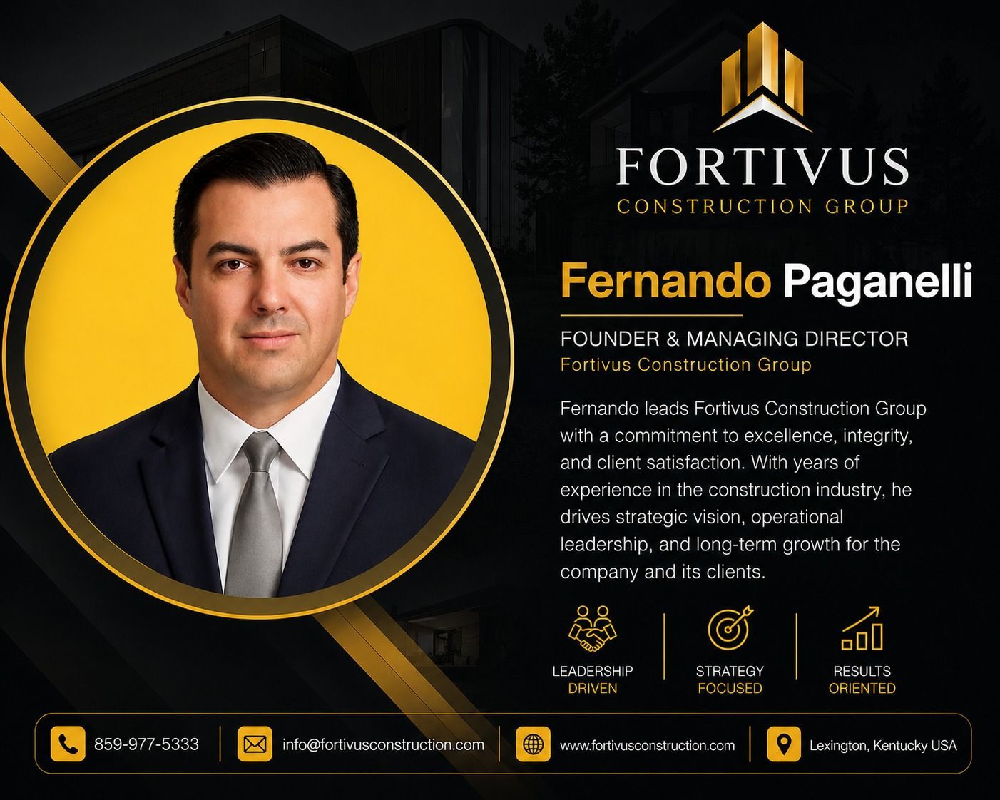 Fortivus Construction Group promo with Fernando Paganelli portrait, gold accents, and contact icons