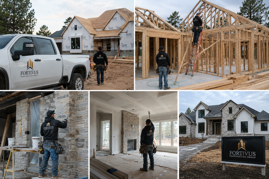 Home construction collage with workers, framing, interior drywall, and a logo sign on a building site