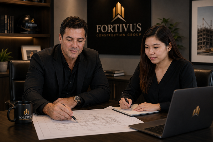 Two people reviewing documents at a desk in a Fortivus office, with a laptop and coffee mug.